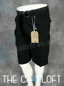 Mens Cargo Shorts Black Twill Button Flap Pockets and Belt OTB - Picture 1 of 5