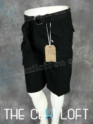 Mens Cargo Shorts Black Twill Button Flap Pockets and Belt OTB - Image 1 of 4