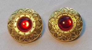 Vintage Gold Plated Round Red Glass Clip on Earrings - Picture 1 of 3