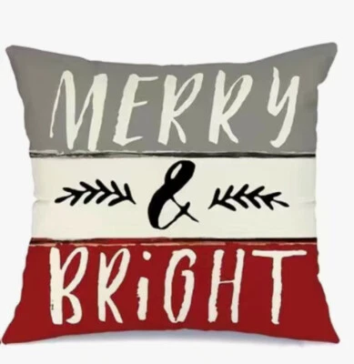 MERRY & BRIGHT Stripe Christmas Throw Pillow Cover Winter Holiday Home Decor - Image 1 of 4