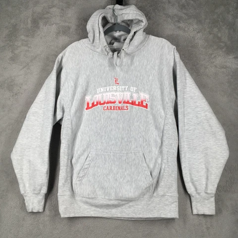 Louisville Cardinals Hoodie Mens Medium Gray Pullover Long Sleeve Sweatshirt Cover