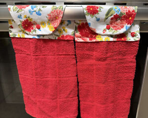 2 Pioneer Woman Red Cotton Hanging Kitchen Towels , Sweet Rose Blue Red Yellow