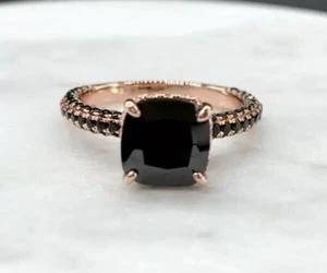 2CT Lab-Created Cushion Cut Black Diamond Halo Wedding Ring 14K Rose Gold Plated - Picture 1 of 10