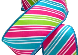 Lime Pink Blue Diagonal Stripes 2.5" by 5 yd Wired Ribbon d. Stevens Christmas - Picture 1 of 4