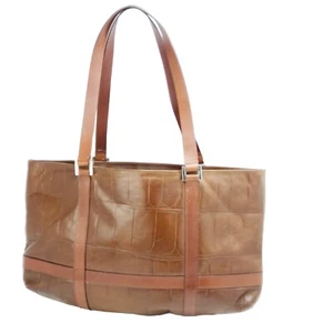 Falor Tote Purse Handbag Croc Embossed Brown Zip Pocket Genuine Leather Italy - Picture 1 of 10