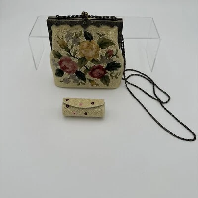 Bolsa de noite vintage creme com miçangas bordadas flores bolsa de embreagem + estojo para batom - Imagem 1 de 4