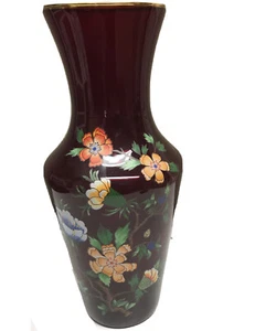 Vintage Red Glass Vase With Applied Floral Design And Gold Trim 11.5” Tall - Picture 1 of 6
