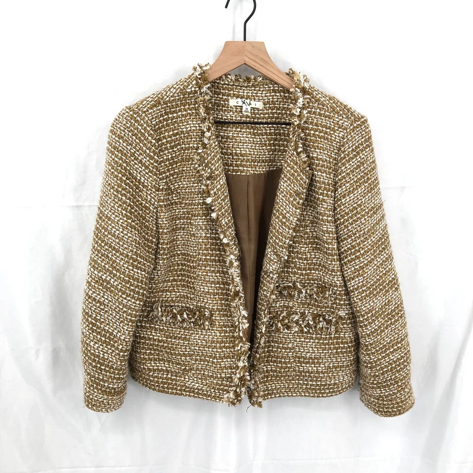 Blazer CABI “Phoebe” Metálico Tweed Flecos Chaqueta Punto Boucle Dorado Bronce M Foto 1 de 4