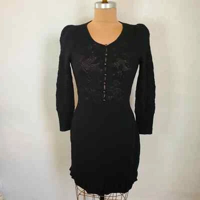 Nuevo con etiquetas Vestido Marc Jacobs Tejido Mezcla Lana Negro Floral Talla Pequeña Foto 1 de 4