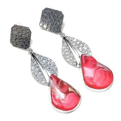 Red Mother Of Pearl Gemstone Ethnic 925 Sterling Silver Jewelry Earrings 3.4" q7 - Image 1 of 4