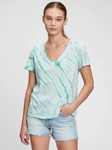 Women’s Gap $25 100% Organic Cotton Teal Tie-Dye V-Neck T-Shirt Size Small NWT - Picture 1 of 4