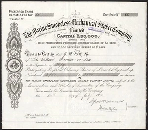 Marine Smokeless Mechanical Stoker Co. Ltd., £1 shares, 1910, *Sale Price* - Picture 1 of 1