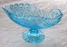 Huge Vintage LG Wright Large Blue Glass Daisy & Button Pedestal Compote 11 1/4"