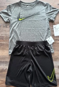 NWT Nike Little Boys 7 Black/Gray/Neon Yellow Swoosh Shorts Set - Picture 1 of 3