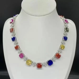 52 Ct Lab-Created Cushion Multi-Color Rainbow Sapphire Tennis Women Necklace 925 - Picture 1 of 9