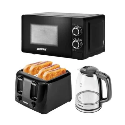 Geepas 1.7L Illuminating Kettle, 4 Slice Toaster and 20L Microwave Oven Set - Image 1 of 4