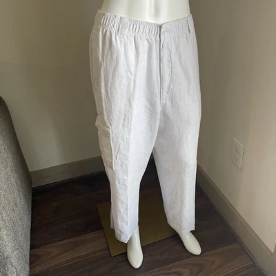 Caribbean Men's Pant 34x32 White Cargo Elastic Waist Linen Casual Drawstring - Image 1 of 4