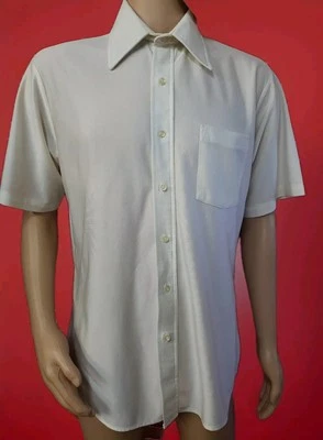 Винтажная мужская рубашка 60-х Qiana Disco размер 17 цвет слоновой кости на пуговицах короткий рукав #C - Изображение 1 из 4