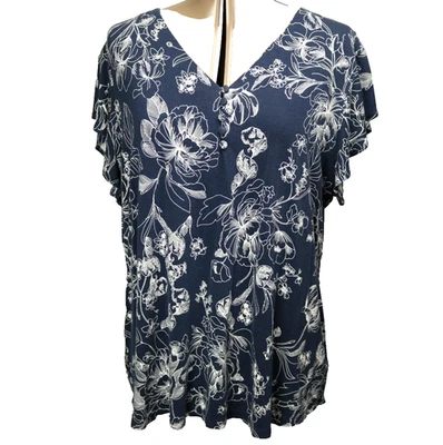 Блузка Liz Claiborne с цветочным рисунком с v-образным вырезом короткий развевающийся рукав эластичная темно-синяя 2XL - Изображение 1 из 4