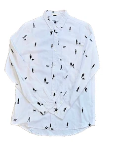 ALTRU WHITE w/BLK. PEOPLE & DOGS Motif Button Down LONG SLEEVE Shirt Sz M-NICE! - Picture 1 of 7