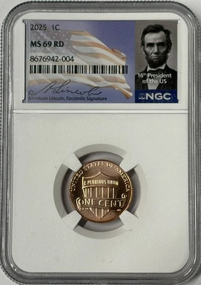 2025 P Lincoln Shield NGC MS69 RD Signature Portrait Labels Top Pop - Image 1 of 3
