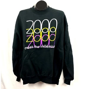 Vintage schwarzes Sweatshirt mit Rundhalsausschnitt Jahr 2000 Millennium Grafik Pullover Large Y2K - Bild 1 von 13