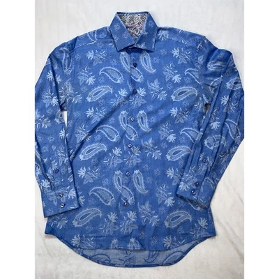 Bertigo Blue Paisley Floral Print Long Sleeve Button Up Shirt Mens S Dress Shirt - Image 1 of 4