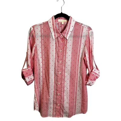 Top Etcetera Rosa Blanco Rayas Manga Ajustable Algodón Abotonado Mujer Mediano Foto 1 de 4