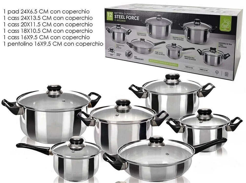 BATTERIA DI PENTOLE SET 12 PZ con Coperchio Pentole padelle acciaio cucina - Immagine 1 di 1