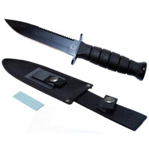10.5" Hunting Knife With Nylon Button Sheath & Blade Sharpener All Black 5752 - Picture 1 of 1
