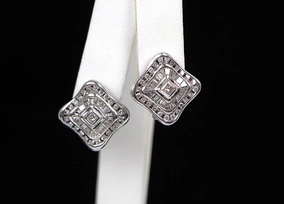 $3,950 14K White Gold Round Baguette Princess Diamond Omega Back Huggie Earrings - Image 1 of 4