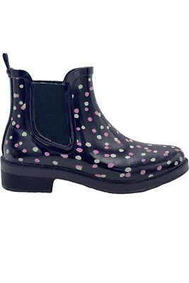 Isaac Mizrahi Live! Botín de lluvia de goma estampado azul marino a lunares Foto 1 de 4