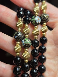 Estate stunning Black Onyx And Gold knotted Cloisonne Beaded Necklace - Picture 1 of 8
