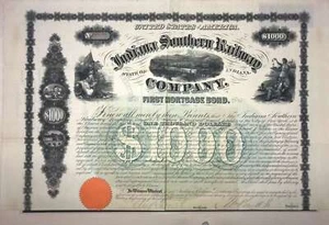 Indiana Southern Railway 7 % Anleihe $ 1000 1866 signiert von Samuel Jones Tilden - Bild 1 von 1