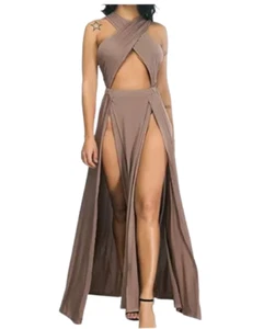 Velius Women’s Sexy Hollow Out Halter Wrap Pleated Slit Maxi Dress Sleeveless L - Picture 1 of 4