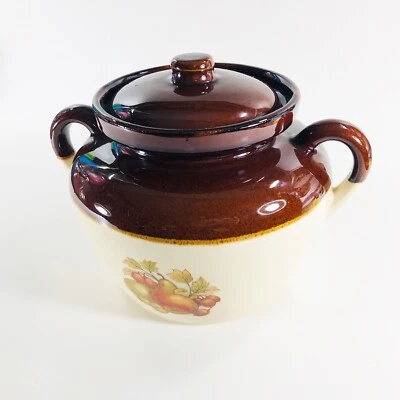 Vintage McCoy Pottery 342 Bean Pot w Lid 3 Qt USA Oven Proof Fruit Brown Tan  - Image 1 of 4