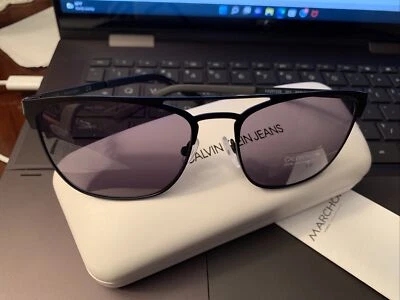 Calvin Klein Double Bridge Metal Square Sunglasses. Matte Black/Grey 001 - Image 1 of 4