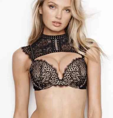 Victoria’s Secret Sujetador Push Up Muy Sexy Dorado Tachuelas Encaje Cuello Alto Negro 36D  Foto 1 de 4