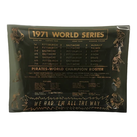 Vtg 1971 World Series Pittsburgh Pirates Roster Glass Ash Tray Dish Black Gold Cover