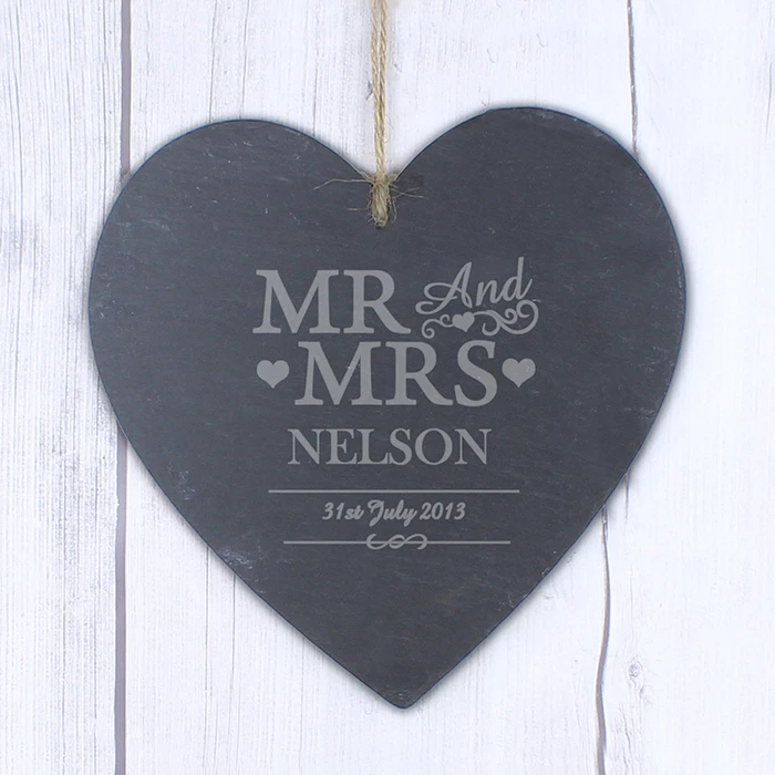 WWW.FAB.GIFTS Personalised Mr&Mrs Wedding Slate Door Sign Heart Hanging Decoration Gift
