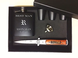 6 Personalized Groomsmen Gift Set box Custom Engraved Pocket Knife Flask Bestman - Picture 1 of 1