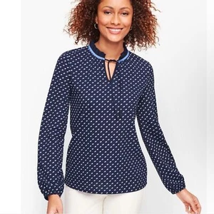 Talbots blouse ruffle pleated tie neck NWT size large Blue polka dot - Picture 1 of 7