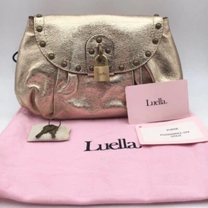 Luella Clutch Bag Purse Pouch Accessory Case Leather Gold w/Dust Bag Key Padlock - Picture 1 of 13