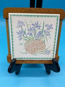 Vintage Iris Flower Basket Trivet Ceramic Tile Wood Frame Grandmacore - Picture 1 of 8