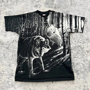 VTG 92 Single Stitch Wolf All Over Print Men's XL Black T Shirt USA Harlequin VG - Picture 1 of 10