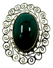 Vintage Signed Mexico #28 Sterling Silver Green Stone Filigree Brooch Pendant