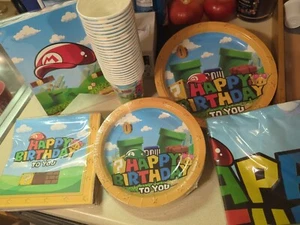 Mario Bros Birthday Party Kit Banner, Table Cloth Cups Napkins Lg &Sm Plates - Picture 1 of 6