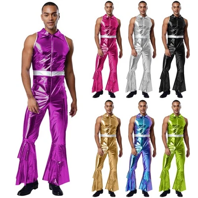 Mens Disco Costume Vintage Overall Performance Rompers Metallic Jumpsuit Pants - Image 1 of 3