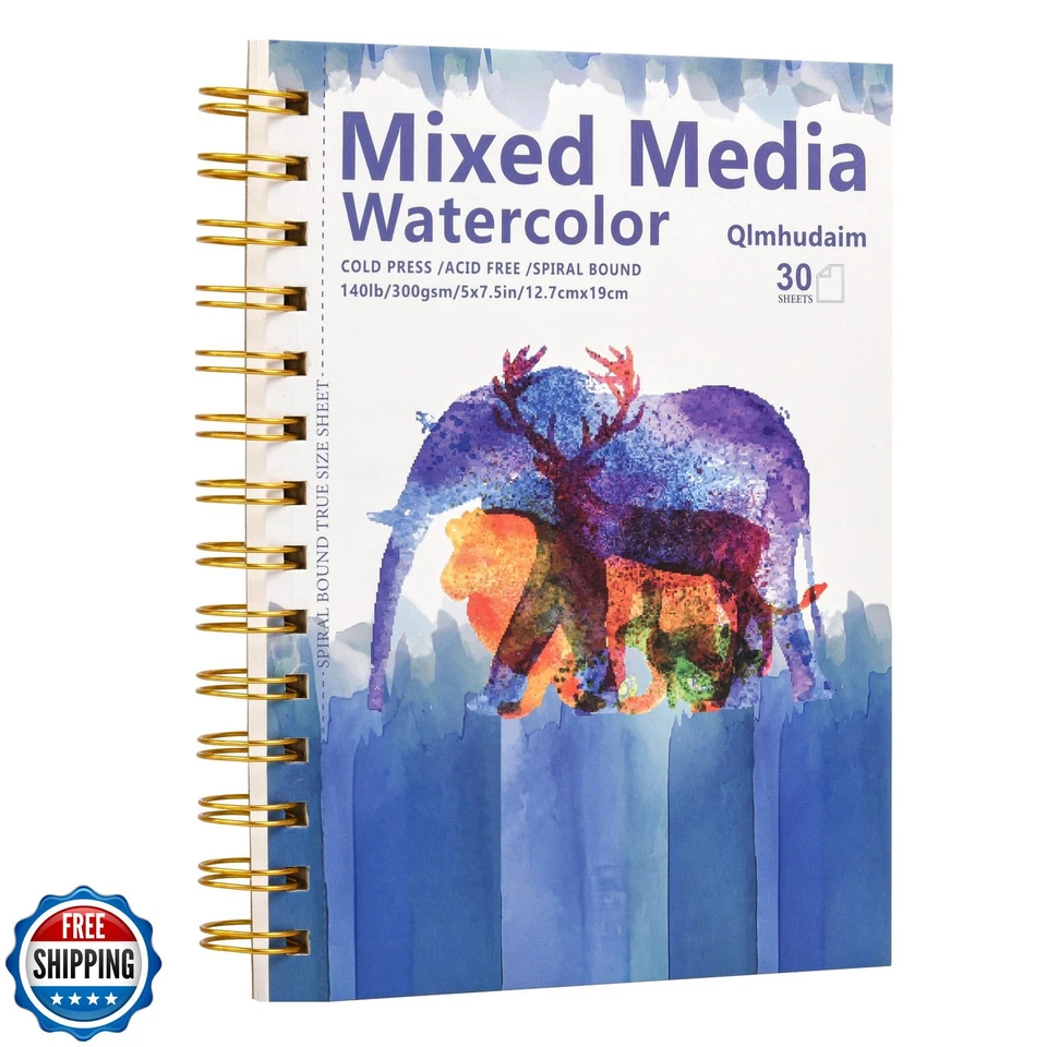 Almohadilla de papel de acuarela de 5"x7,5", encuadernación en espiral desmontable, (30 hojas, 140 lb/300 g):  Foto 1 de 4