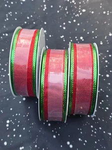 3 New Christmas Ribbon ROLLS  1.5'' x 40 FT  Wire Edge RED GREEN  STRIPES - Picture 1 of 3
